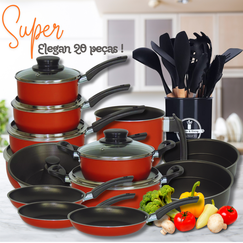 Jogo De Panelas Dona Chefa  Elegan 28 peças VERMELHO Anti Aderente Tampa de Vidro Com Espátulas Utensílios De Silicone