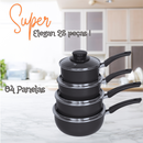 Jogo De Panelas Dona Chefa  Elegan 28 peças PRETO  Anti Aderente Tampa de Vidro Com Espátulas Utensílios De Silicone