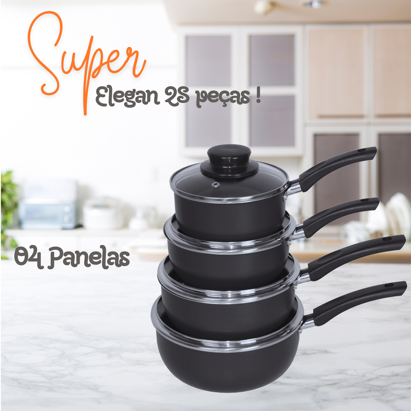 Jogo De Panelas Dona Chefa  Elegan 28 peças PRETO  Anti Aderente Tampa de Vidro Com Espátulas Utensílios De Silicone