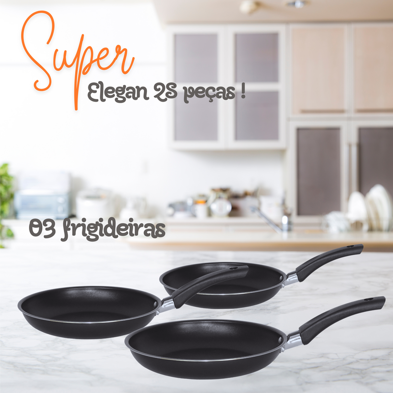 Jogo De Panelas Dona Chefa  Elegan 28 peças PRETO  Anti Aderente Tampa de Vidro Com Espátulas Utensílios De Silicone