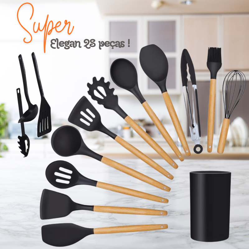 Jogo De Panelas Dona Chefa  Elegan 28 peças PRETO  Anti Aderente Tampa de Vidro Com Espátulas Utensílios De Silicone