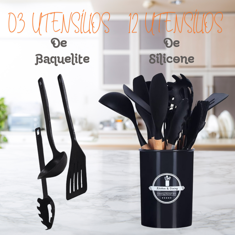 Jogo De Panelas Dona Chefa  Elegan 28 peças PRETO  Anti Aderente Tampa de Vidro Com Espátulas Utensílios De Silicone