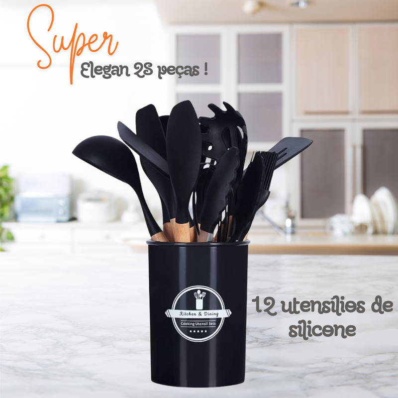 Jogo De Panelas Dona Chefa  Elegan 28 peças PRETO  Anti Aderente Tampa de Vidro Com Espátulas Utensílios De Silicone