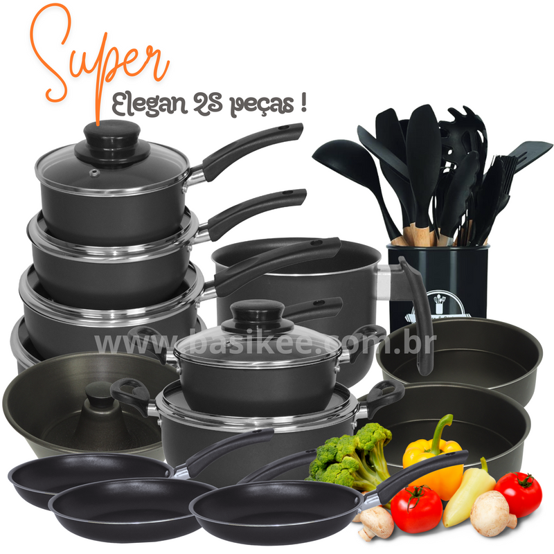 Jogo De Panelas Dona Chefa  Elegan 28 peças PRETO  Anti Aderente Tampa de Vidro Com Espátulas Utensílios De Silicone