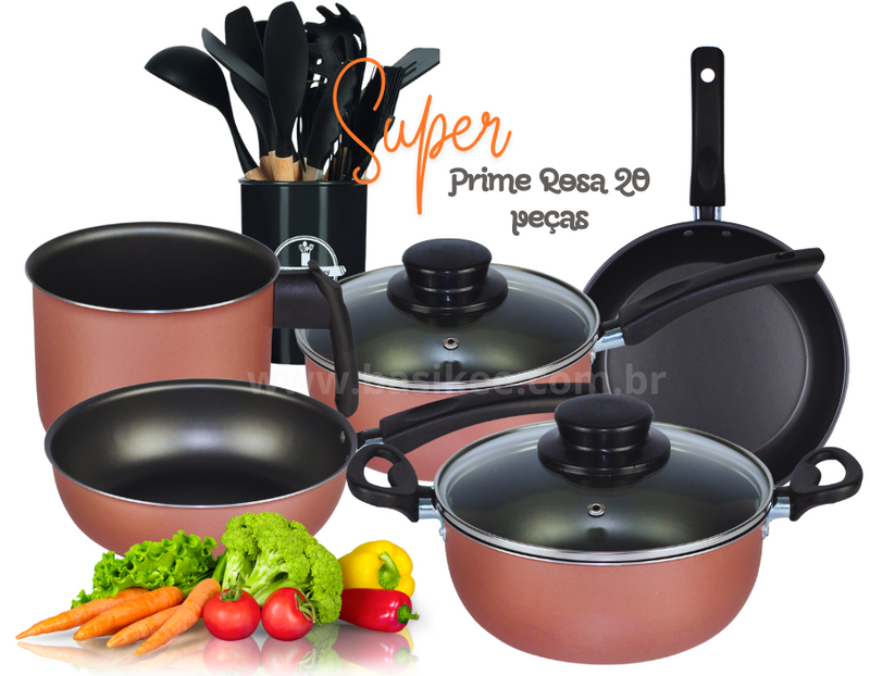Super Jogo De Panelas Dona Chefa  Elegan 20 peças Prime Rosa Anti Aderente Tampa de Vidro Com Espátulas Utensílios De Silicone