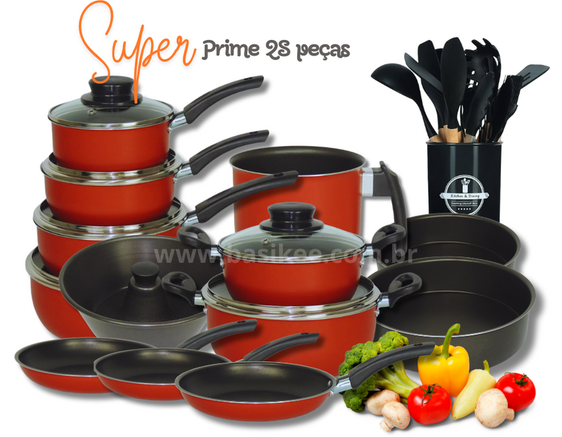 Jogo De Panelas Dona Chefa  Elegan 28 peças VERMELHO Anti Aderente Tampa de Vidro Com Espátulas Utensílios De Silicone