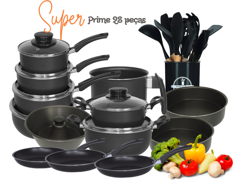 Jogo De Panelas Dona Chefa  Elegan 28 peças PRETO  Anti Aderente Tampa de Vidro Com Espátulas Utensílios De Silicone