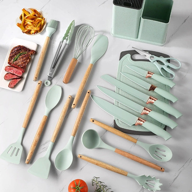 Kit Utensílios De Cozinha Com 19 Peças Em Silicone E Cabo Madeira
