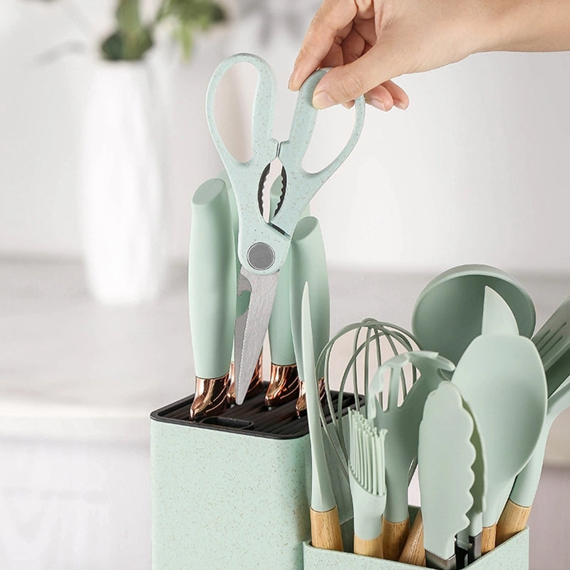Kit Utensílios De Cozinha Com 19 Peças Em Silicone E Cabo Madeira