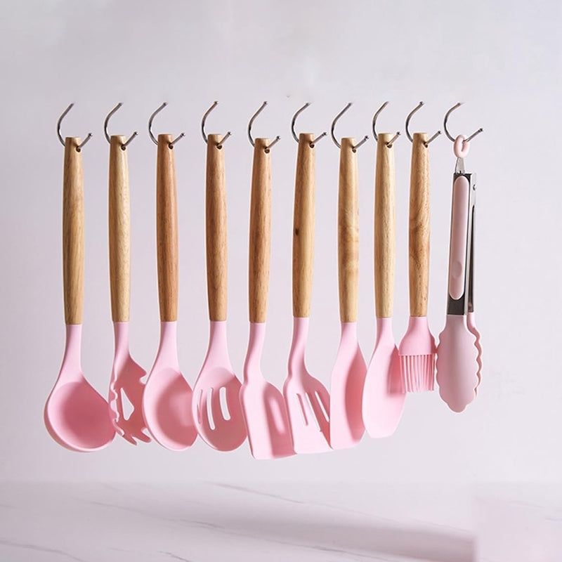 Kit Utensílios De Cozinha Com 19 Peças Em Silicone E Cabo Madeira