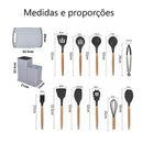Kit Utensílios De Cozinha Com 19 Peças Em Silicone E Cabo Madeira