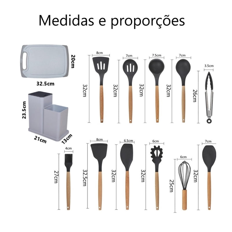 Kit Utensílios De Cozinha Com 19 Peças Em Silicone E Cabo Madeira