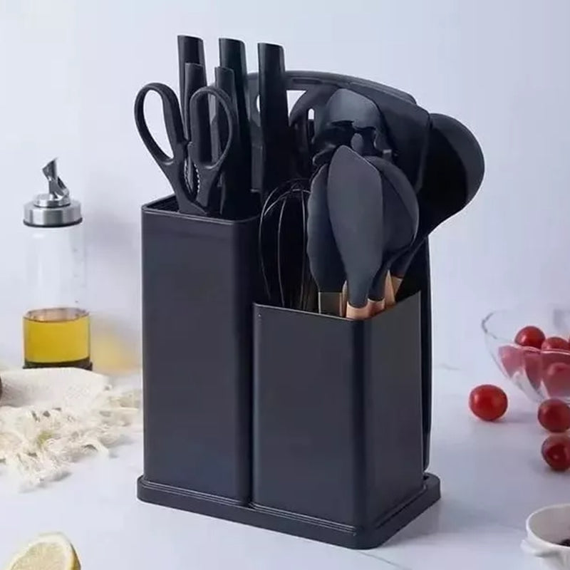 Kit Utensílios De Cozinha Com 19 Peças Em Silicone E Cabo Madeira
