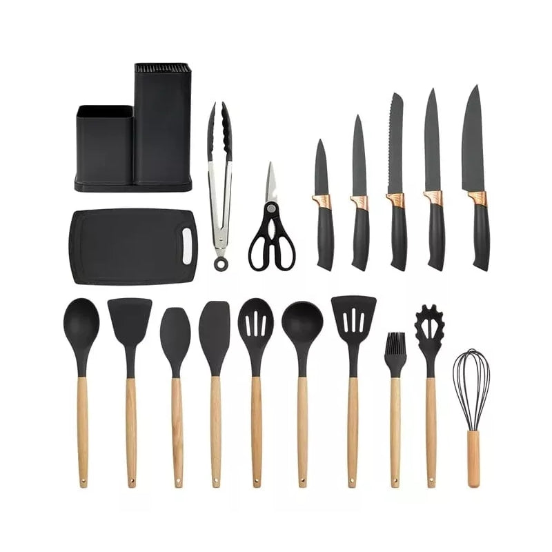 Kit Utensílios De Cozinha Com 19 Peças Em Silicone E Cabo Madeira