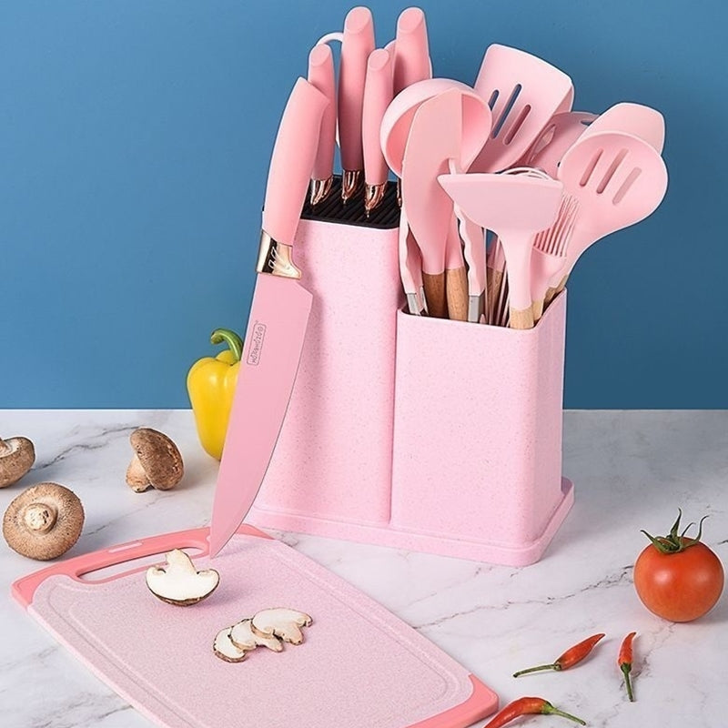 Kit Utensílios De Cozinha Com 19 Peças Em Silicone E Cabo Madeira