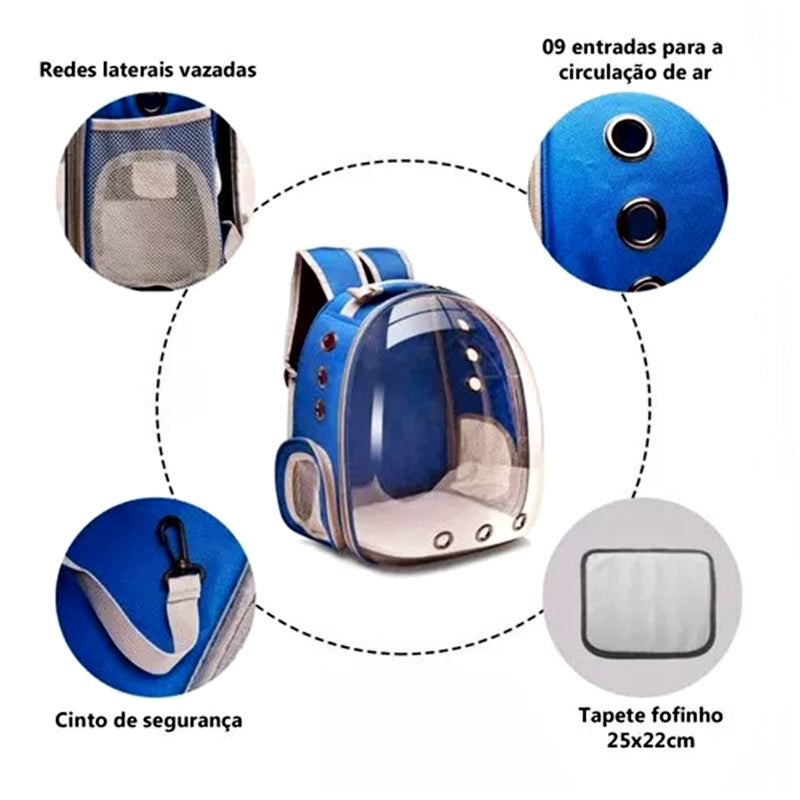 Bolsa Mochila Pet Cães e Gatos Visão Panorâmica Astronauta em Acrílico