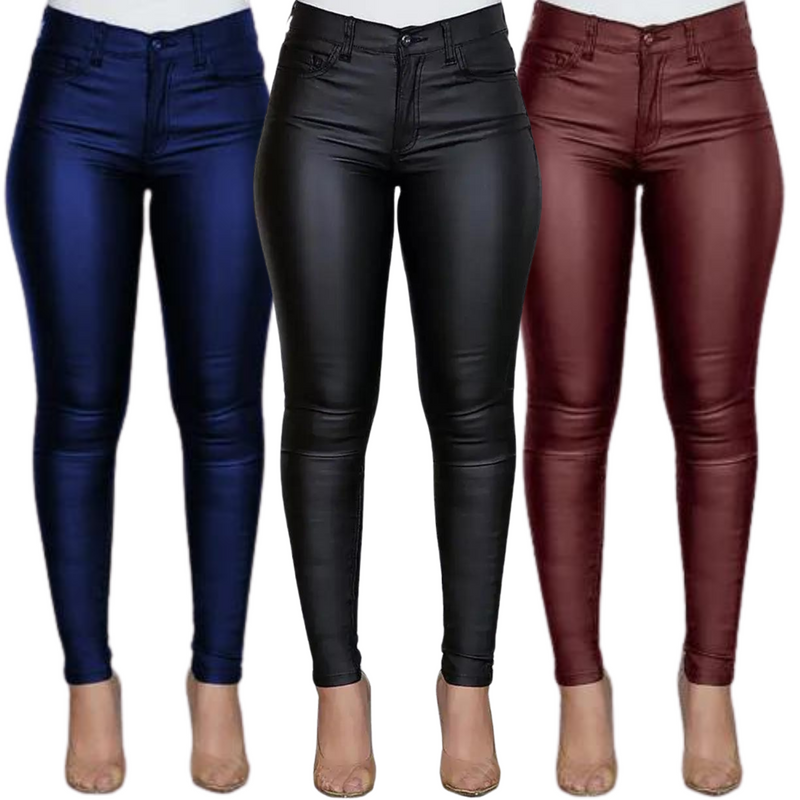 Calça Skinny Cuir  couro PU de cintura alta com botão único
