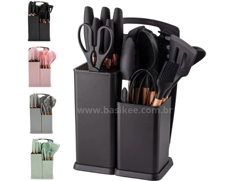 Kit Utensílios De Cozinha Com 19 Peças Em Silicone E Cabo Madeira