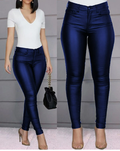 Calça Skinny Cuir  couro PU de cintura alta com botão único
