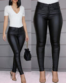Calça Skinny Cuir  couro PU de cintura alta com botão único