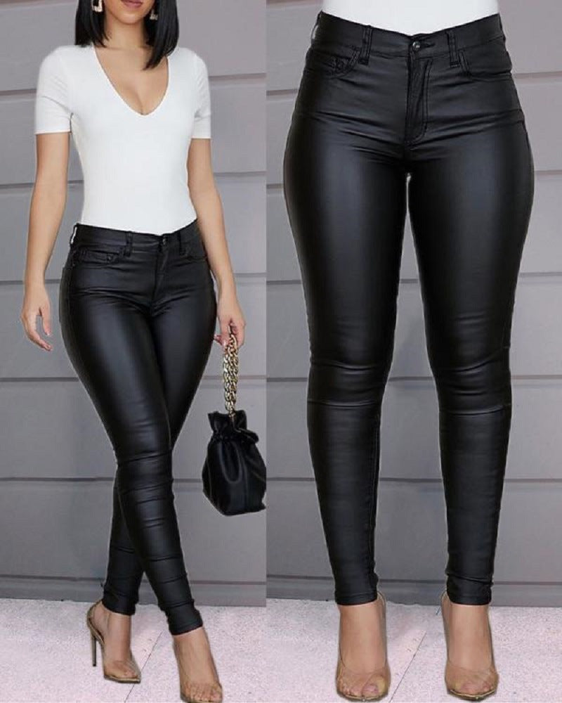 Calça Skinny Cuir  couro PU de cintura alta com botão único