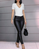 Calça Skinny Cuir  couro PU de cintura alta com botão único