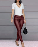 Calça Skinny Cuir  couro PU de cintura alta com botão único