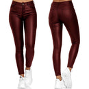 Calça Skinny Cuir  couro PU de cintura alta com botão único