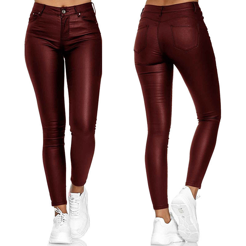 Calça Skinny Cuir  couro PU de cintura alta com botão único