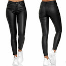 Calça Skinny Cuir  couro PU de cintura alta com botão único