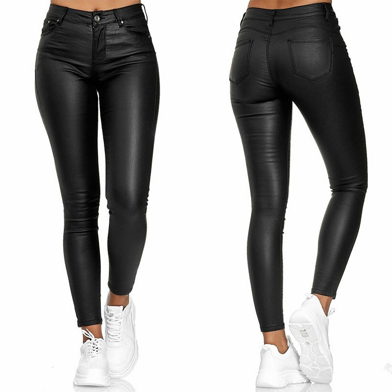 Calça Skinny Cuir  couro PU de cintura alta com botão único