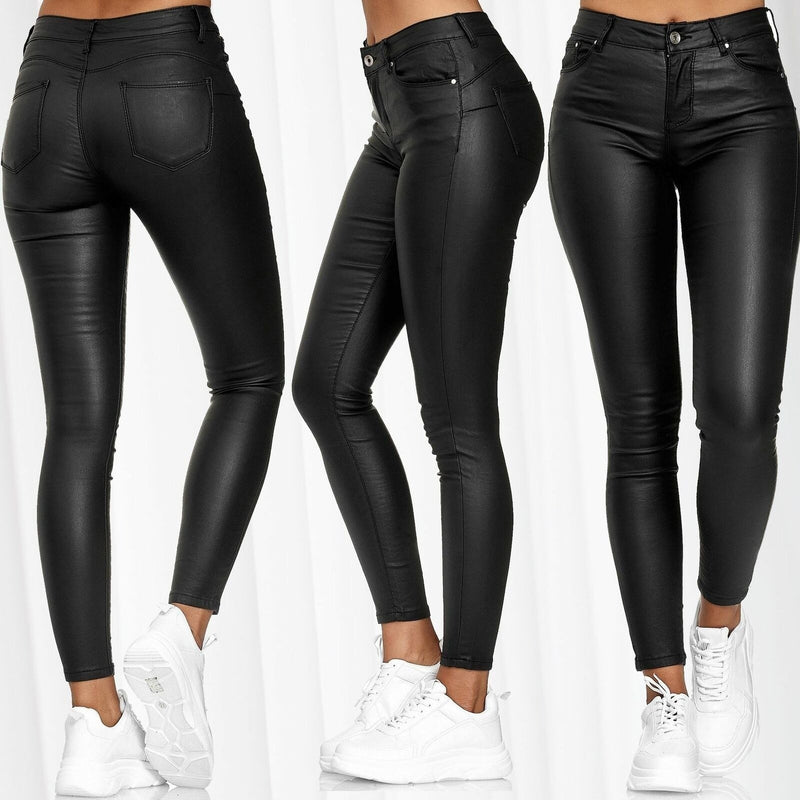 Calça Skinny Cuir  couro PU de cintura alta com botão único