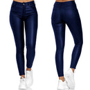 Calça Skinny Cuir  couro PU de cintura alta com botão único