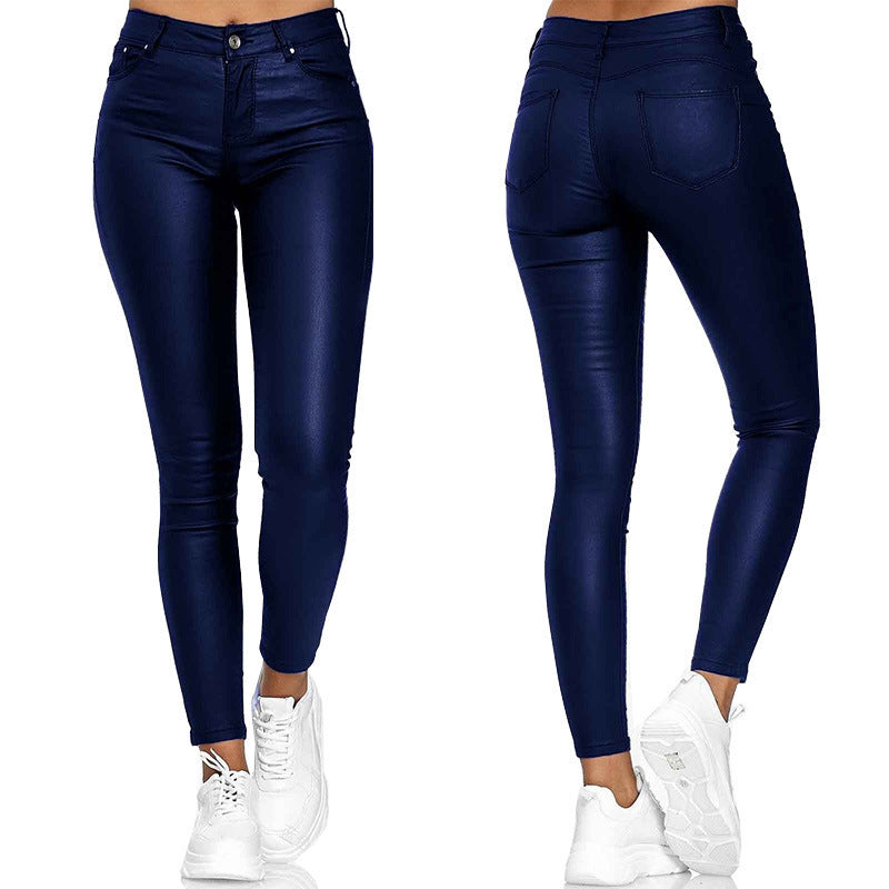 Calça Skinny Cuir  couro PU de cintura alta com botão único