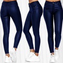 Calça Skinny Cuir  couro PU de cintura alta com botão único