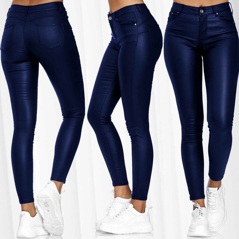 Calça Skinny Cuir  couro PU de cintura alta com botão único