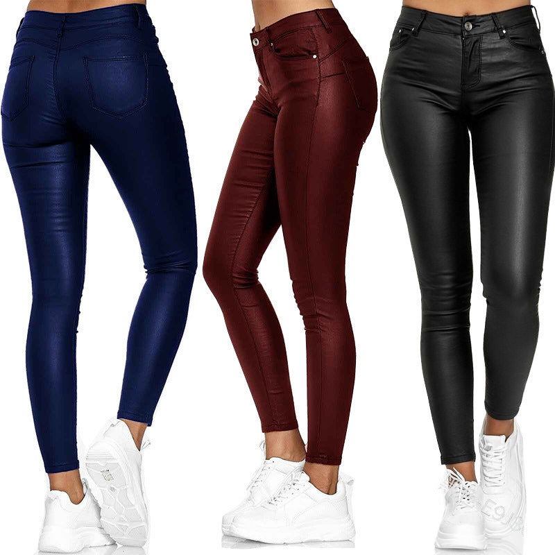 Calça Skinny Cuir  couro PU de cintura alta com botão único