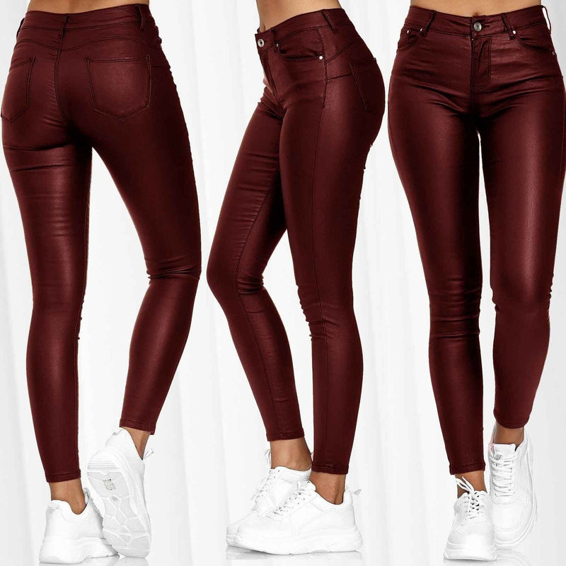 Calça Skinny Cuir  couro PU de cintura alta com botão único