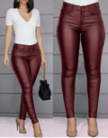 Calça Skinny Cuir  couro PU de cintura alta com botão único